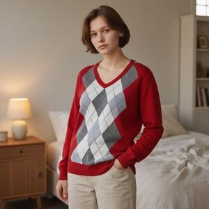St Johns Bay Red Argyle V Neck Sweater Women's Classic Casual Pullover